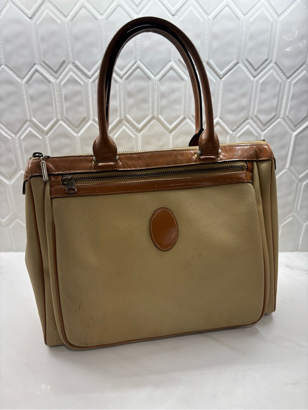Vintage Meyers USA Tan Brown Leather Zip Top Satchel Tote Handbag Double Pocket